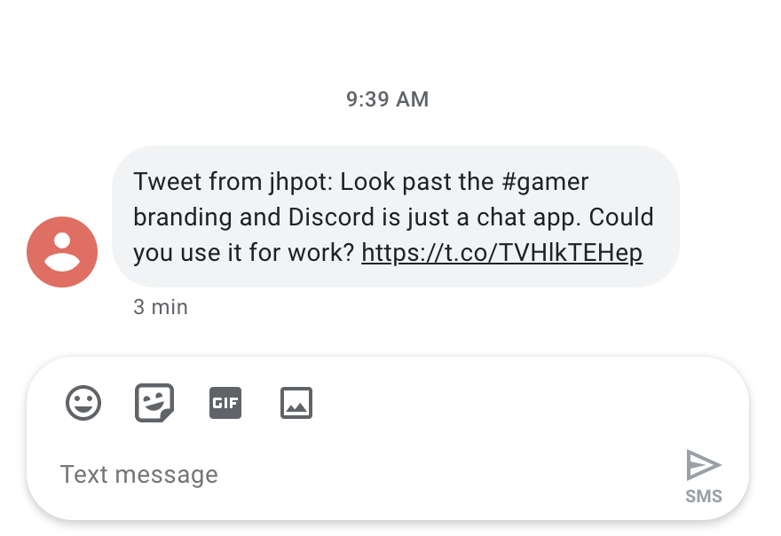 A Twitter SMS notification sent by Zapier