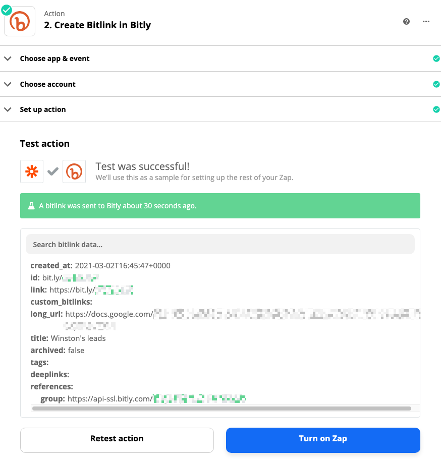 A successful test message in the Zap editor. The message reads "Test was successful!" 