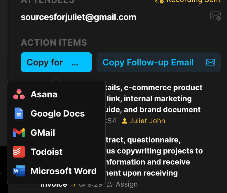 A context menu in Fathom with options to send recording snippets to Asana, Google Docs, Gmail, Todoist, and Microsoft Word