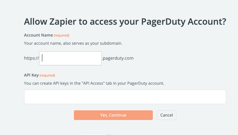 A Zapier permissions window to access PagerDuty. Empty fields require the PagerDuty account name and API key.