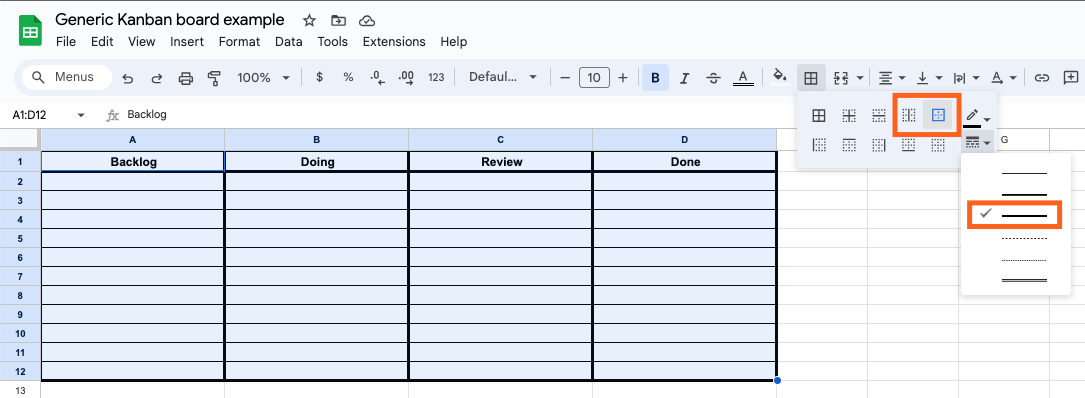 Screenshot of Google Sheets document titled Generic Kanban board example with the column borders bolded.