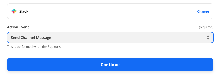 Selecting the Slack app and Send Channel Message action event