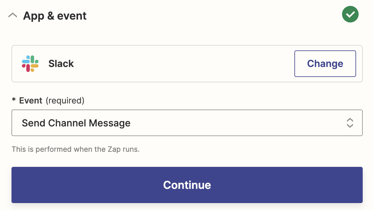 Selecting the Slack app and Send Channel Message action event
