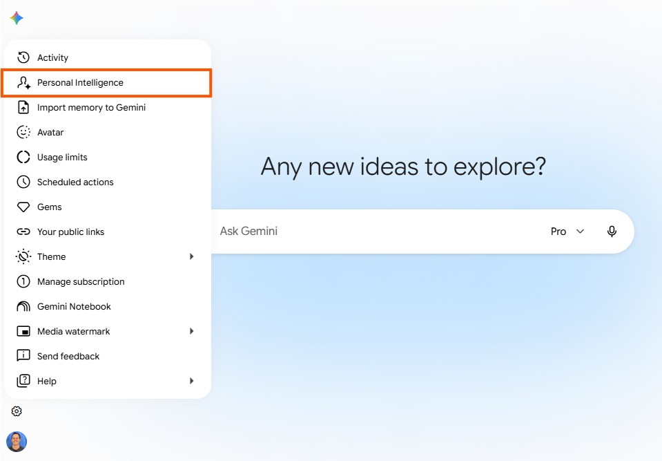 Clicking Personal intelligence in the Gemini sidebar