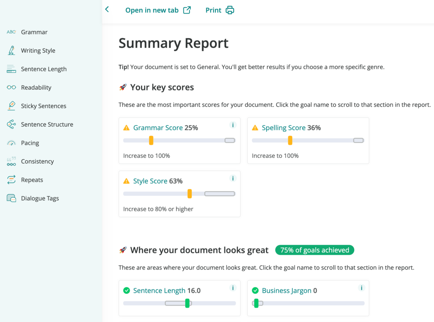 ProWritingAid, our pick for the best AI grammar checker for evaluation reports