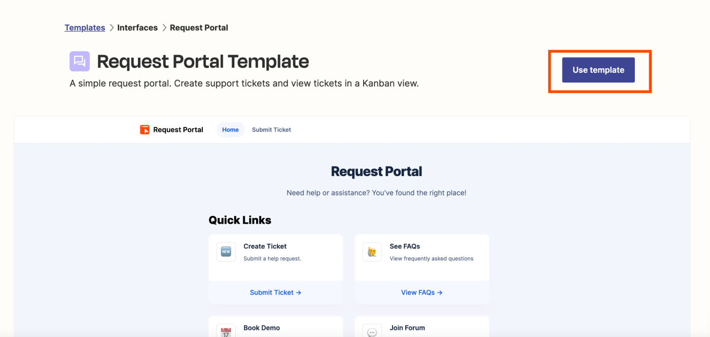 Screenshot of request portal template