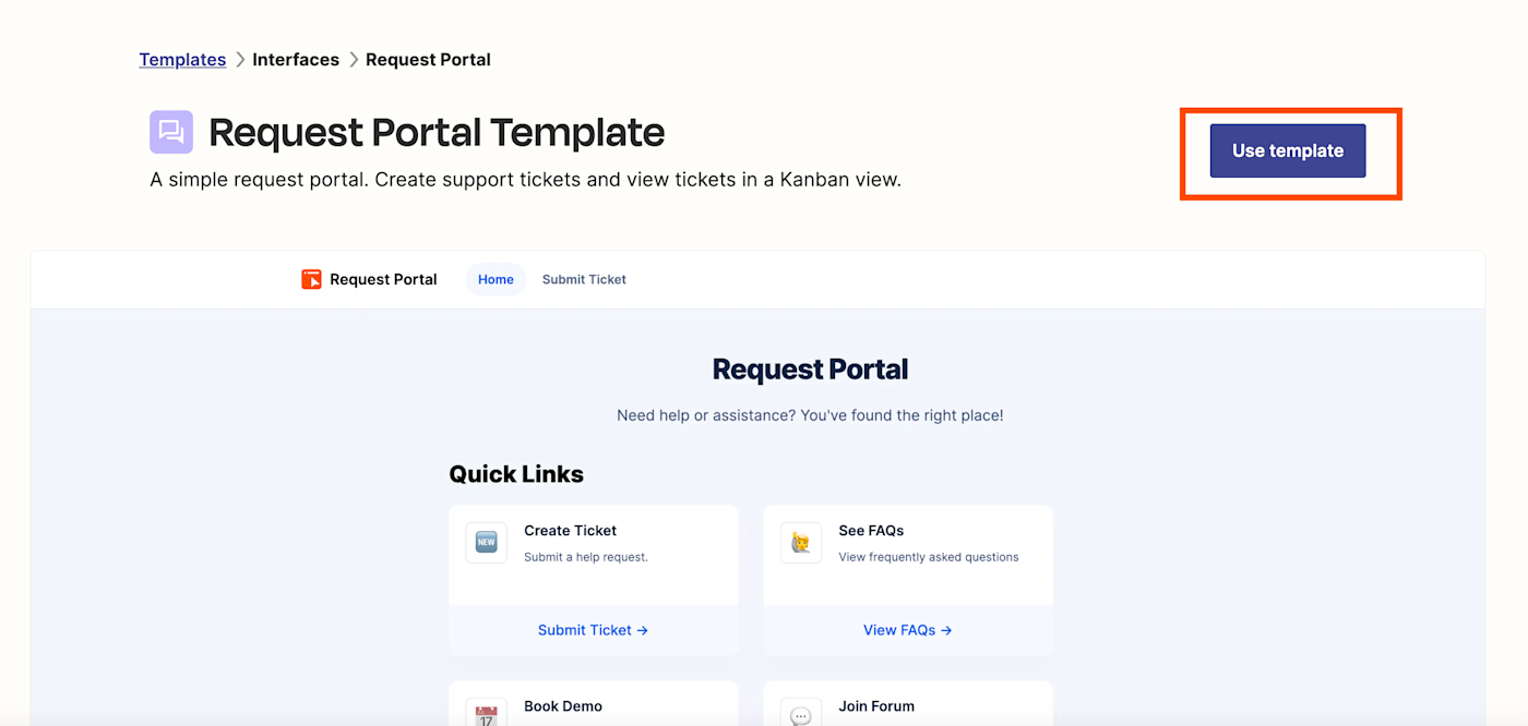 Screenshot of request portal template