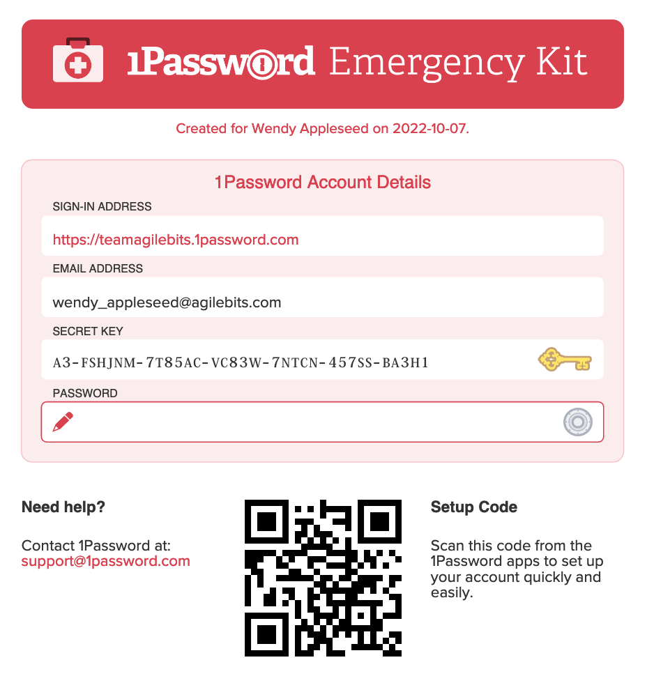 An example of an emergency kit from 1Password