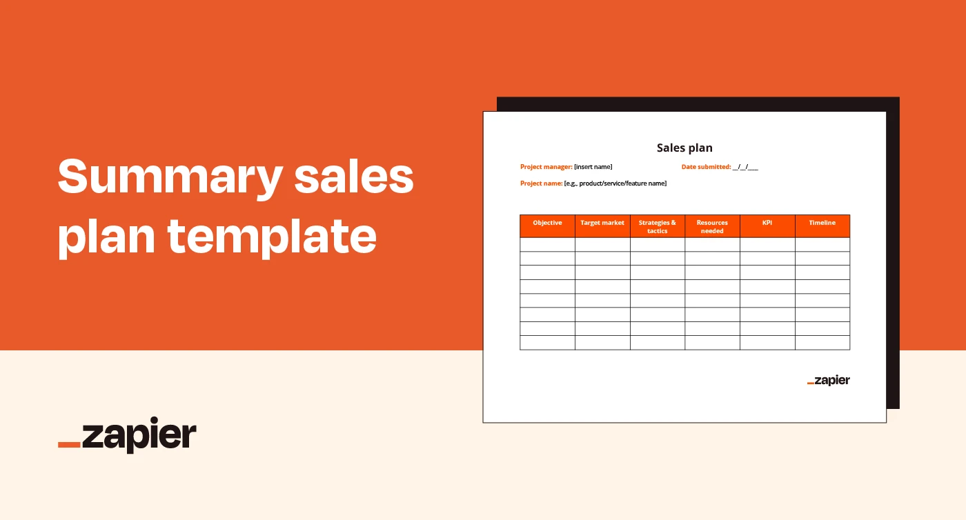 Image of Zapier's summary sales plan template on an orange background