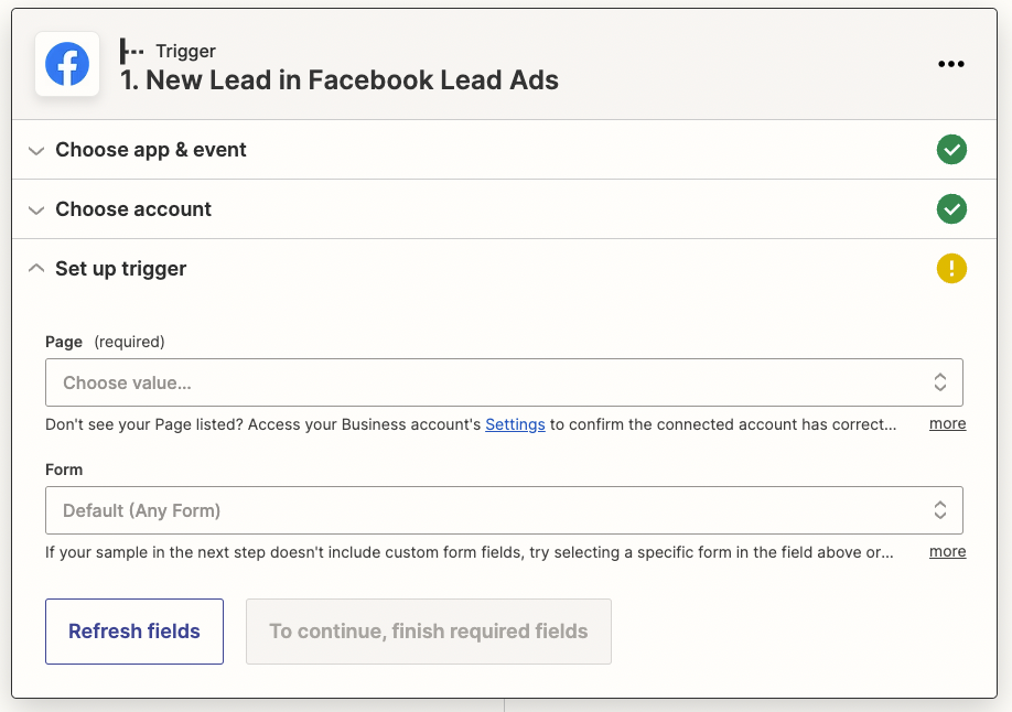 Facebook Lead Ads fields to customize your Zap.
