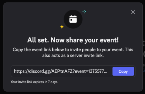 The image highlights the generated event invitation link provided by Discord for easy sharing with server members.