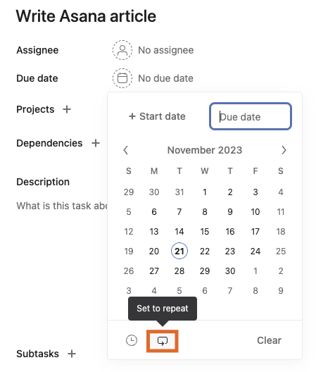 The due date field in an Asana task that opens up into a calendar showing the month of November. There is an orange box around a repeat icon.