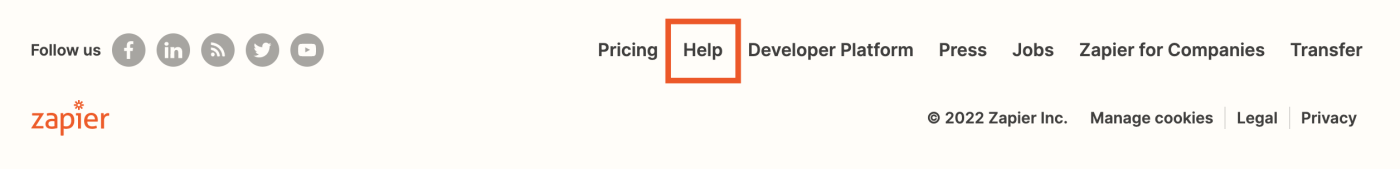 The Zapier footer featuring the Help page