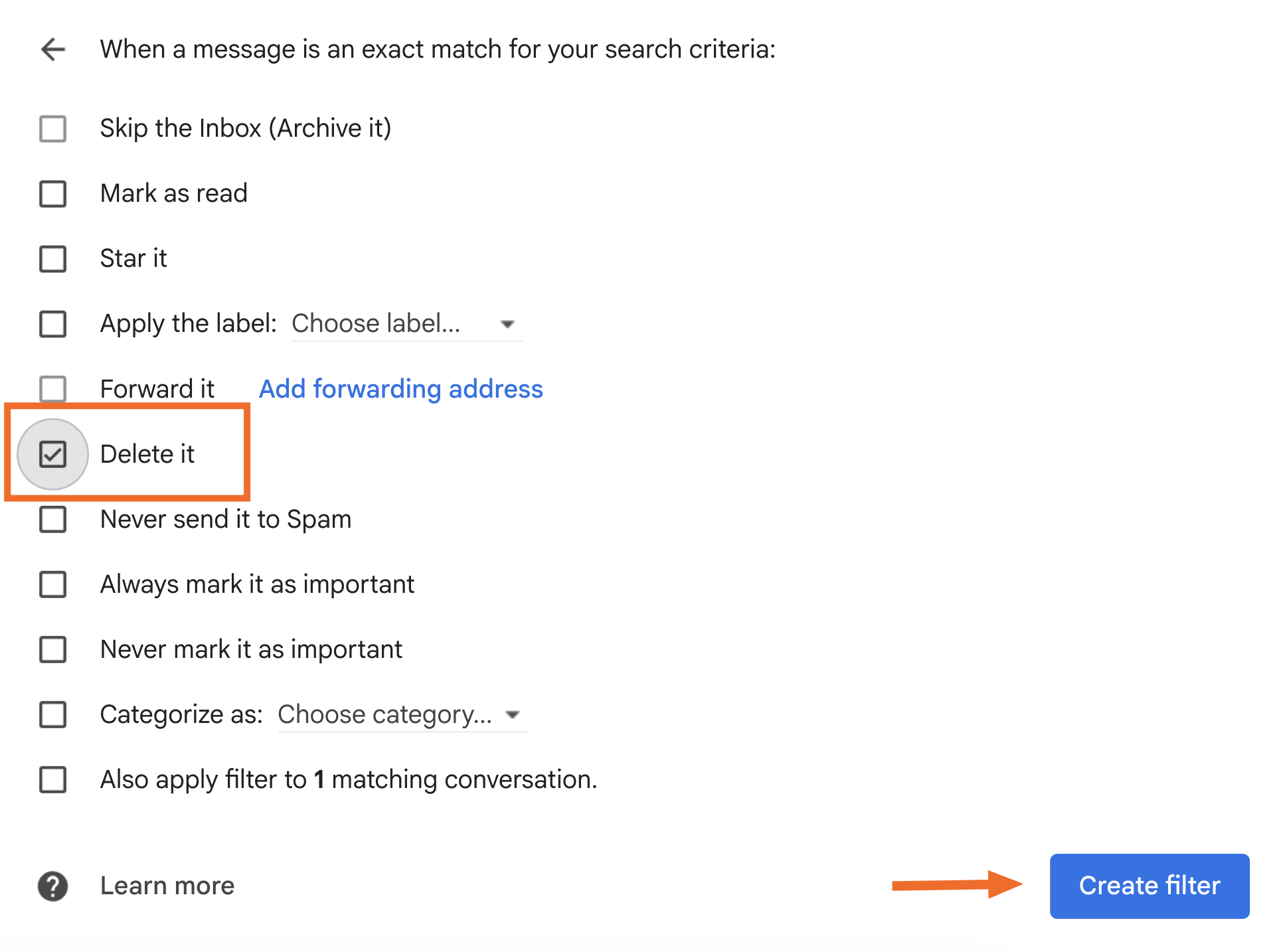 How to create a filter to automatically delete emails in Gmail.