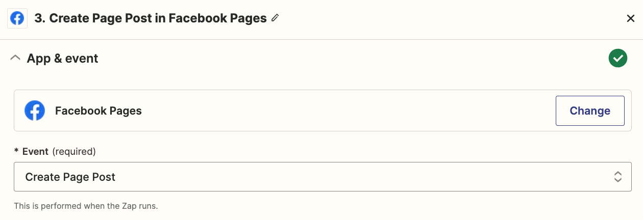 An action step in the Zap editor with Facebook Pages selected as the action app and Create Page Post selected as the action event.
