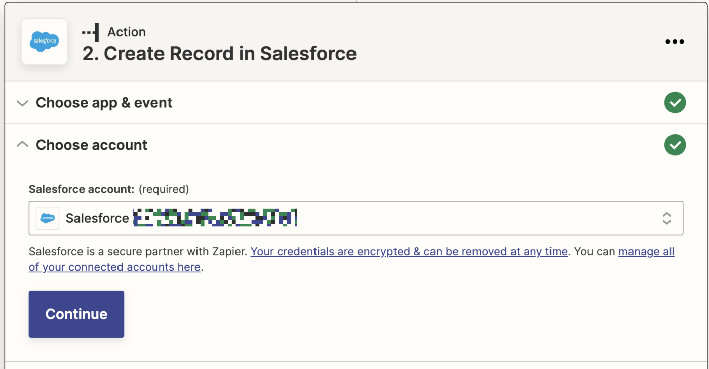 A Salesforce account is shown selected under Salesforce Account.