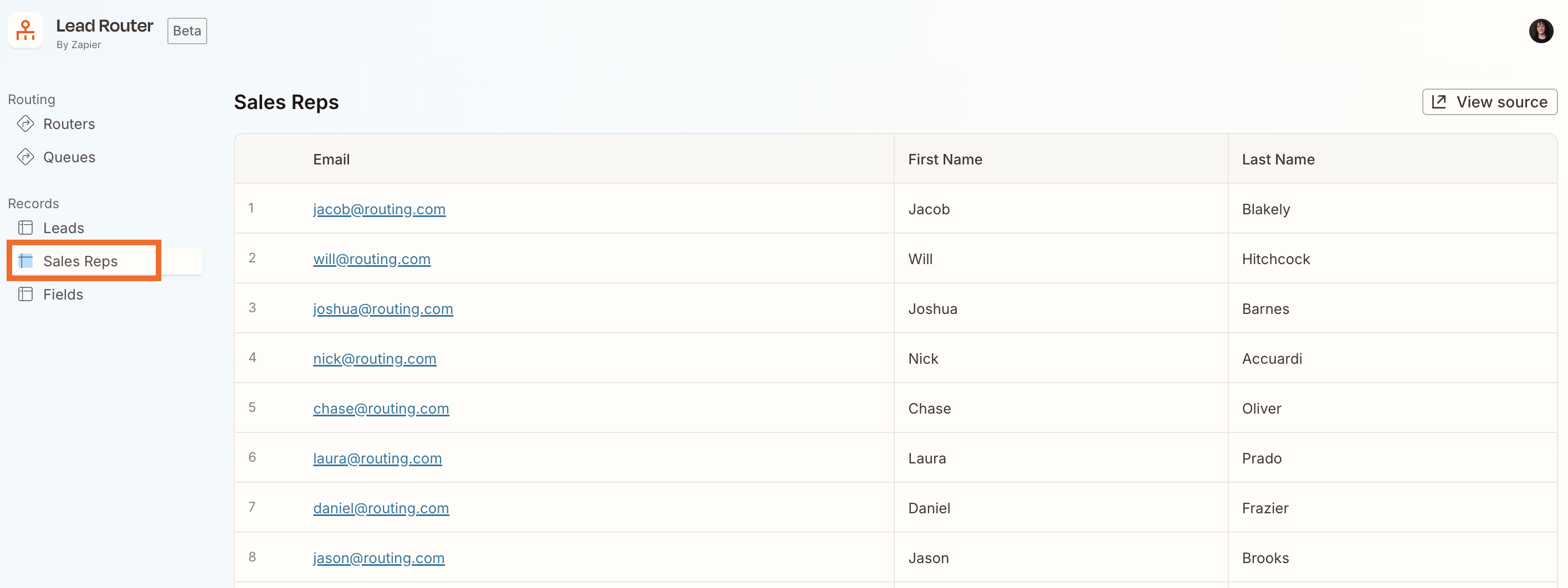 The Zapier Lead Router dashboard showing the "Sales Reps" table with columns for Email, First Name, and Last Name, listing eight sample sales reps and their email addresses.