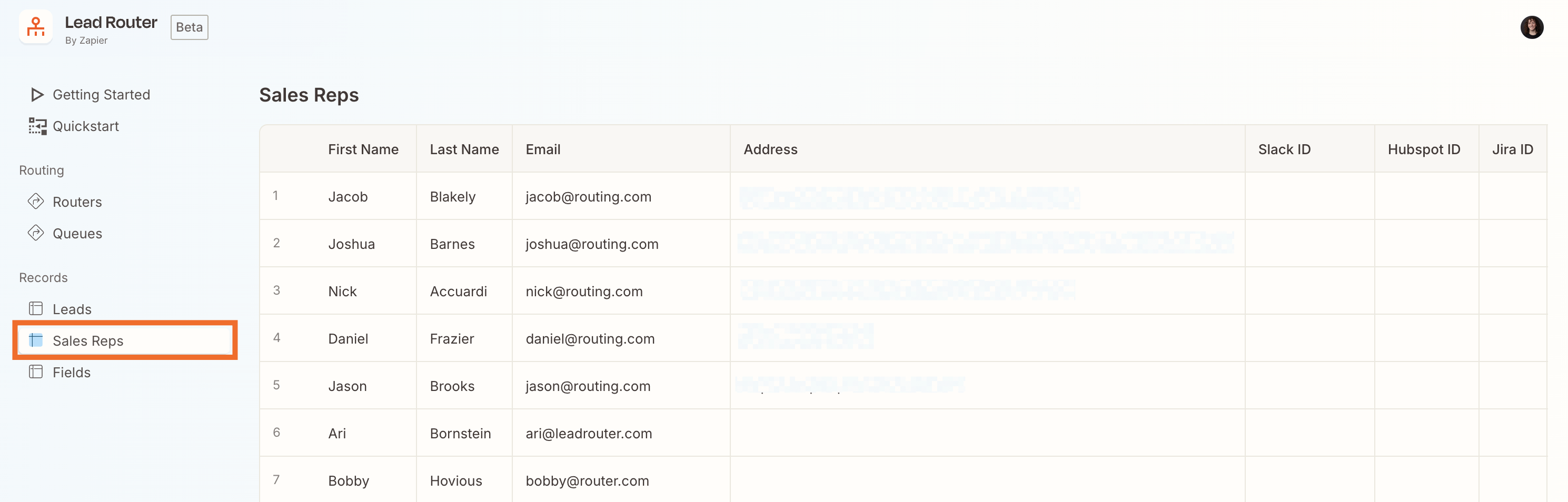 The Zapier Lead Router dashboard showing the "Sales Reps" table