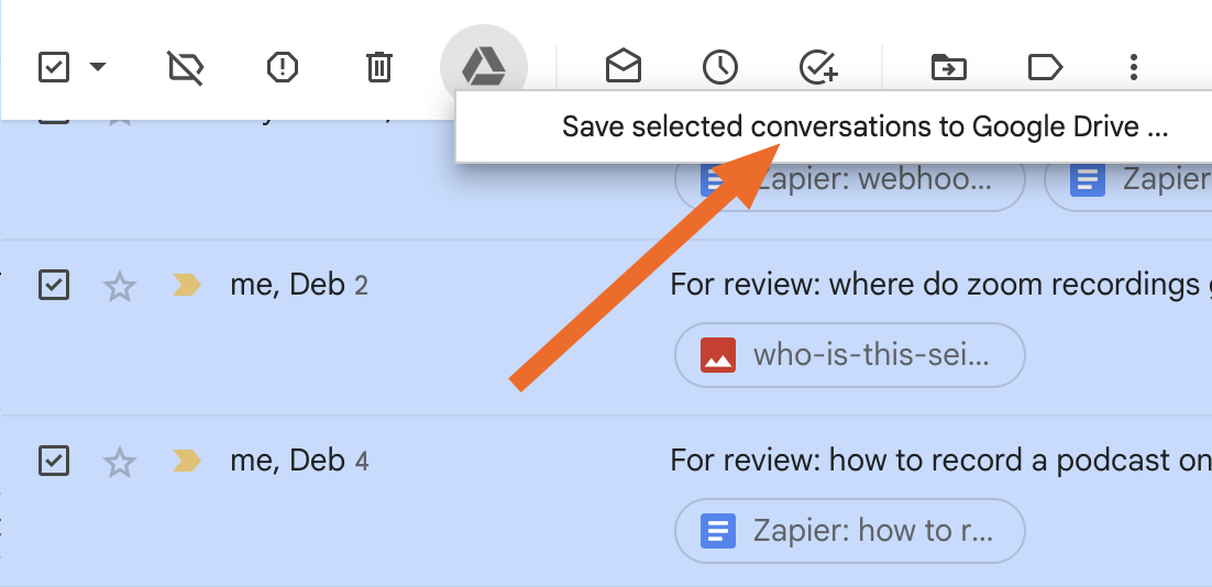 Gmail interface with an orange arrow points to the "Save to Drive" icon in the toolbar, with a tooltip reading "Save selected conversations to Google Drive."