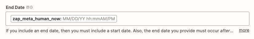 The Zap editor will turn the timestamp command into a placeholder value.