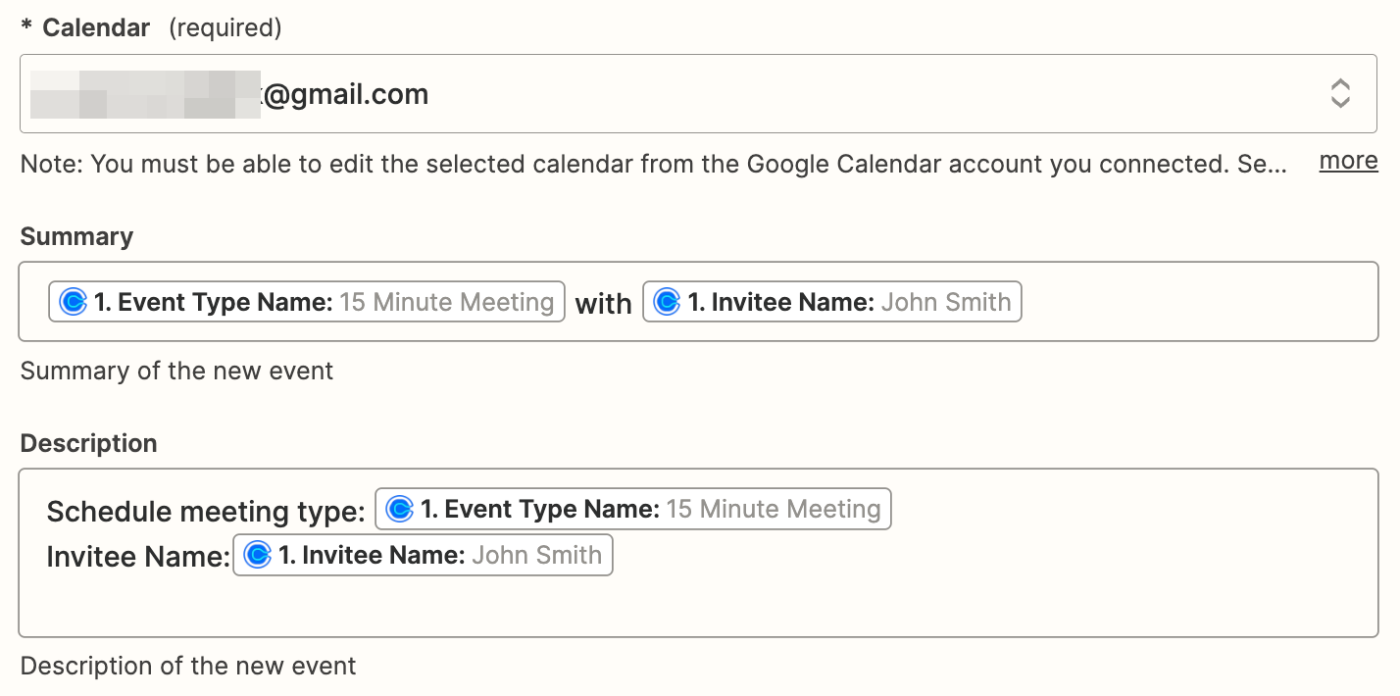 Fields in the Zap editor to customize a Google Calendar event.