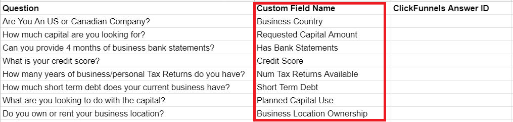 Google Sheets spreadsheet with example text in two columns: Question and Custom Field Name