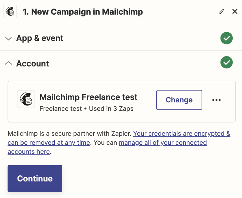 A trigger step in the Zap editor with a Mailchimp account selected.