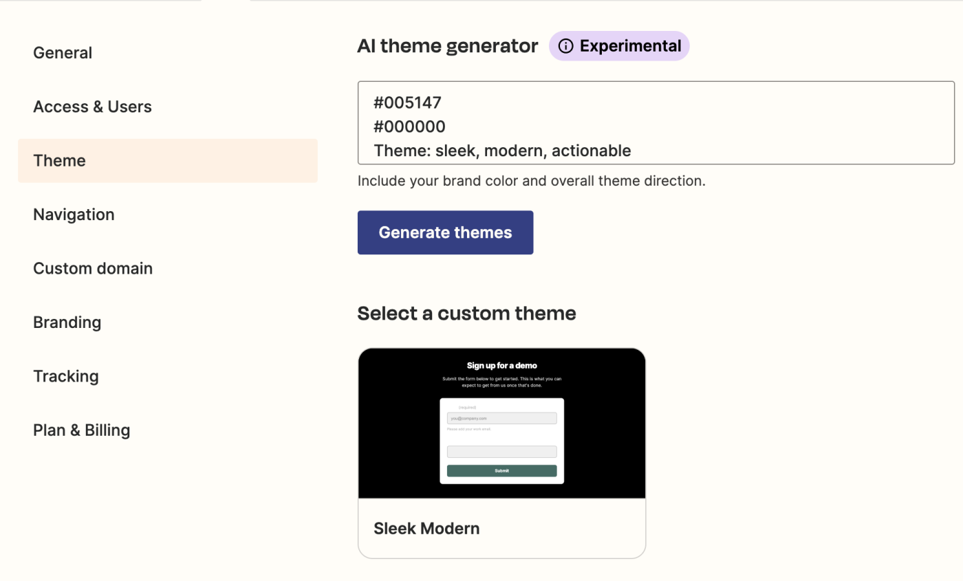 Screenshot of AI theme generator