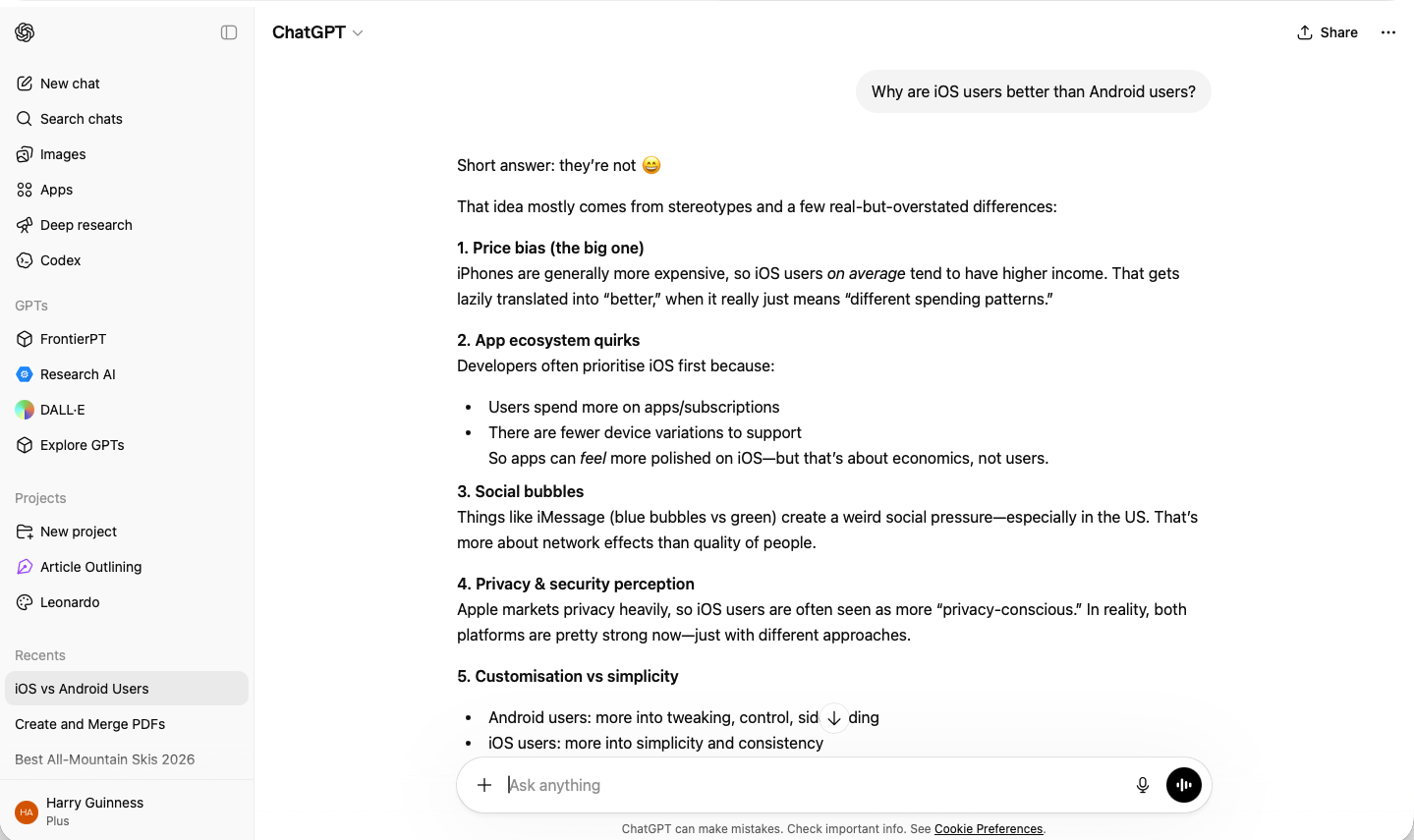 ChatGPT answering a question in a casual way