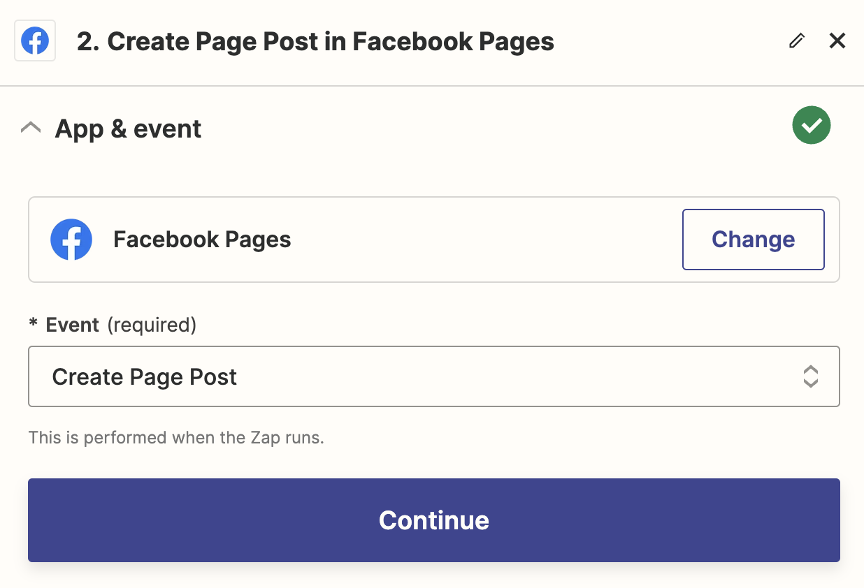 Facebook Pages' Create Page Post action selected in the Zap editor.