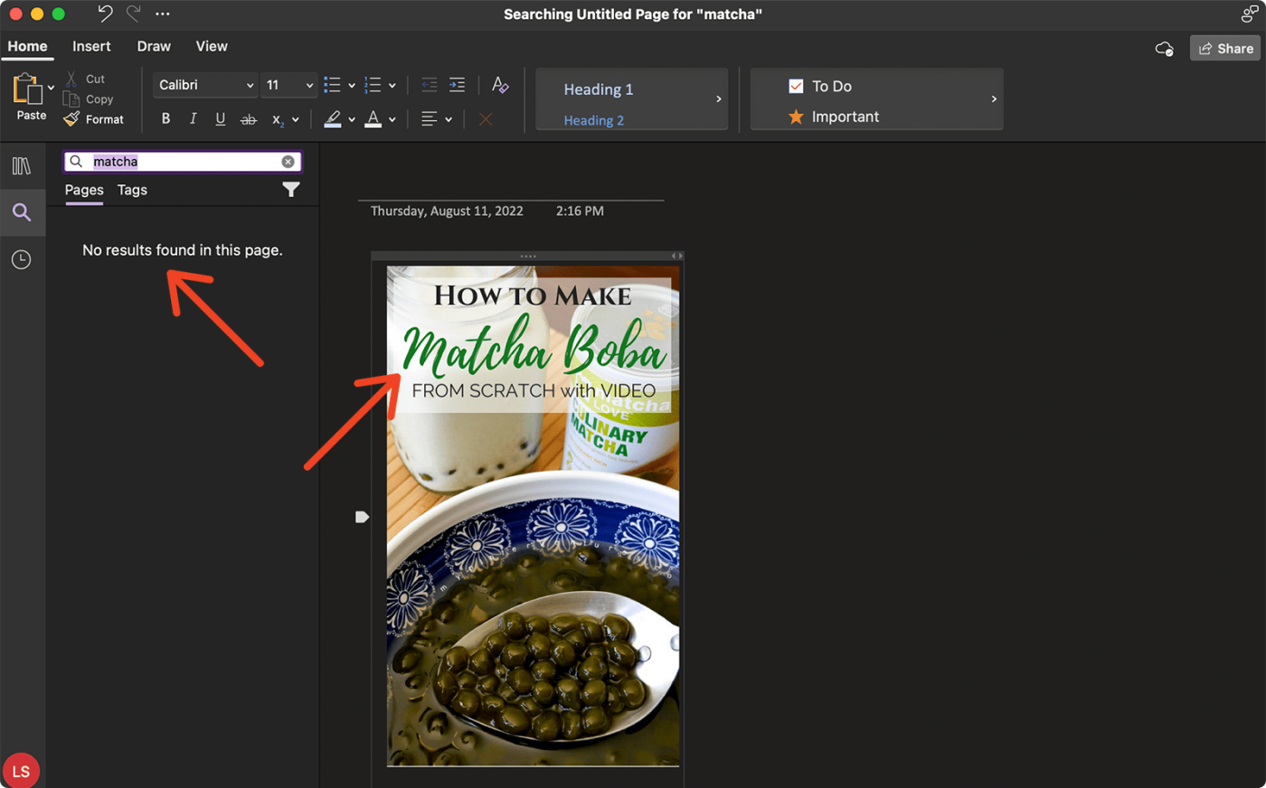 Screenshot showing how when tested OneNote couldn't identify the word "matcha," despite