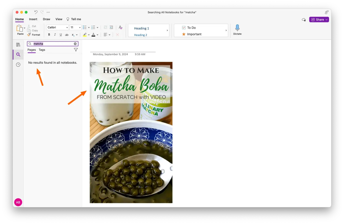 Screenshot showing how when tested OneNote couldn't identify the word "matcha," despite it appearing in the image.