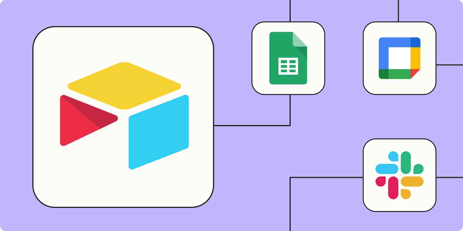 Hero image for automation inspiration with the Airtable logo connected by dots to the logos of Google Sheets, Wordpress, and Google Contacts