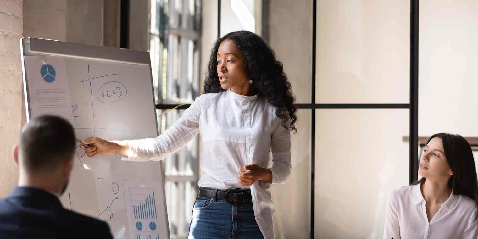 A woman gives a presentation to two others using a whiteboard.