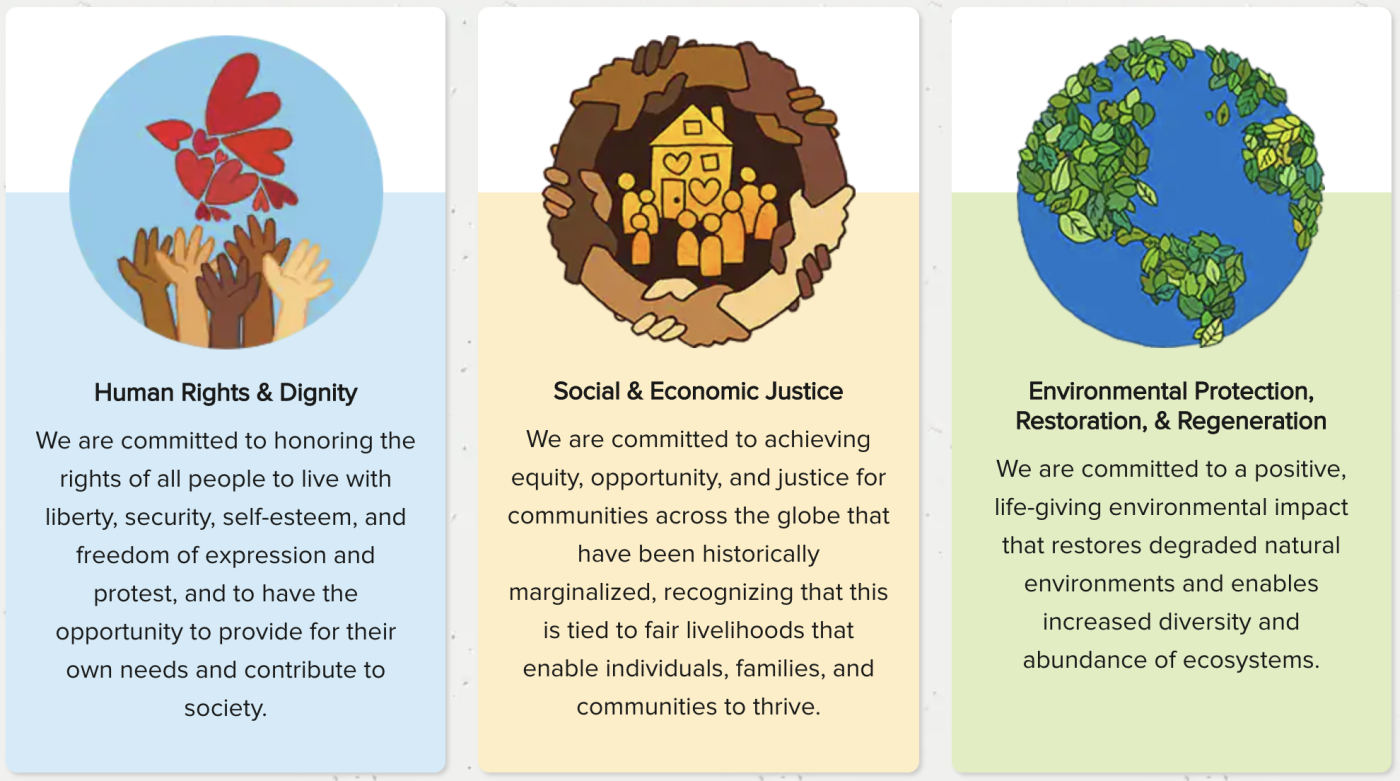 Screenshot showing Ben and Jerry's initiatives towards human rights and dignity, social and economic justice and environmental protection, restoration and regeneration