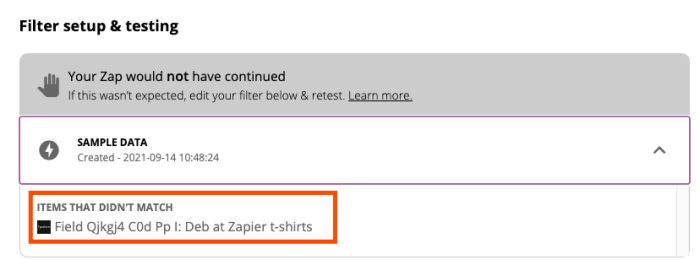 The filter test step in the Zap editor. A red box highlights the items that did not match the filter set up in the example.