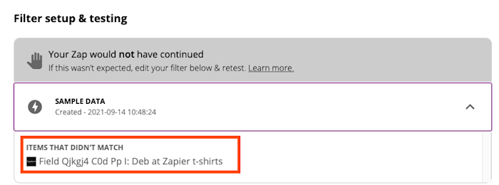 The filter test step in the Zap editor. A red box highlights the items that did not match the filter set up in the example.