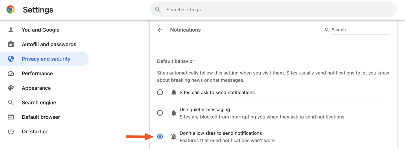 How to turn off website notifications in Google Chrome.