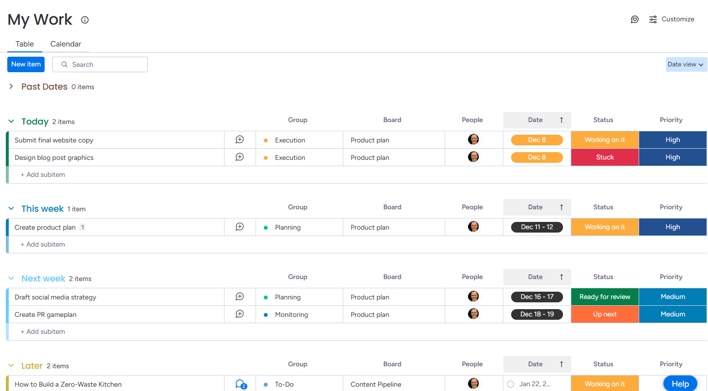 The My Work view in Asana