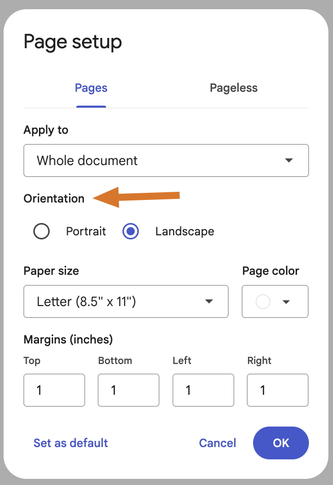 Screenshot of the page setup tab with Landscape orientation option