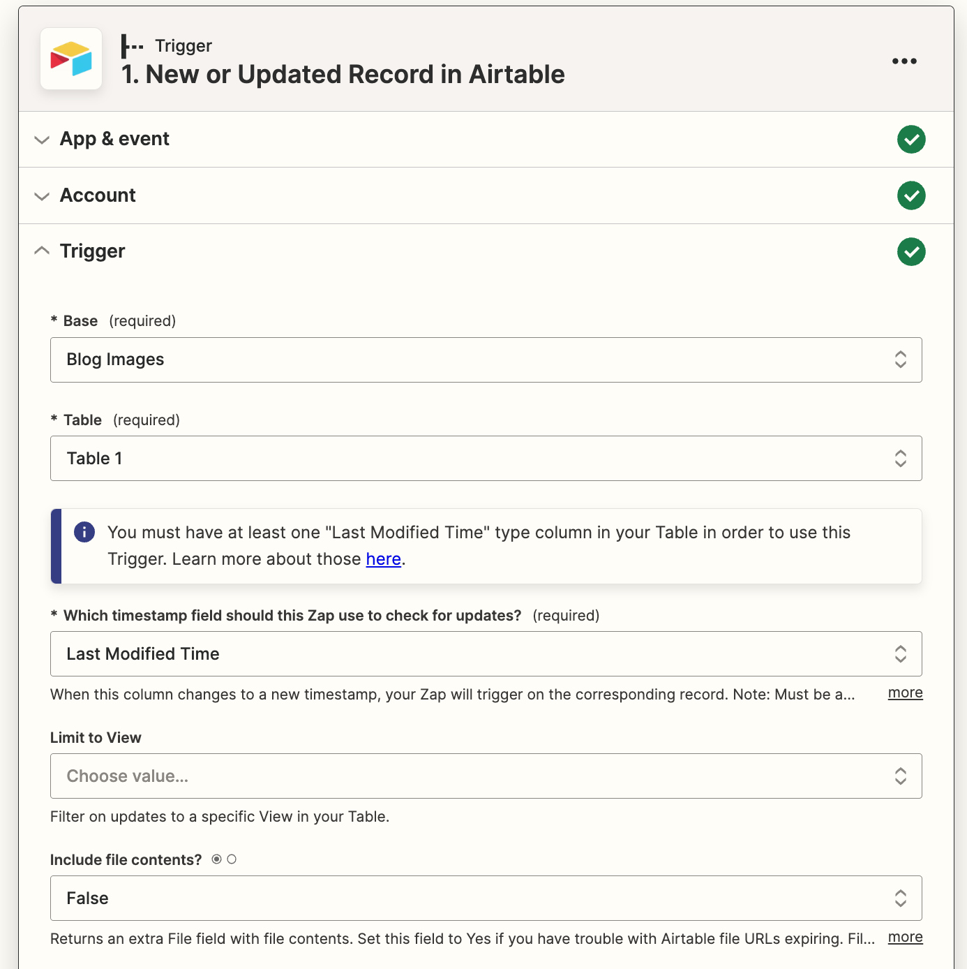 An Airtable trigger step in the Zap editor.