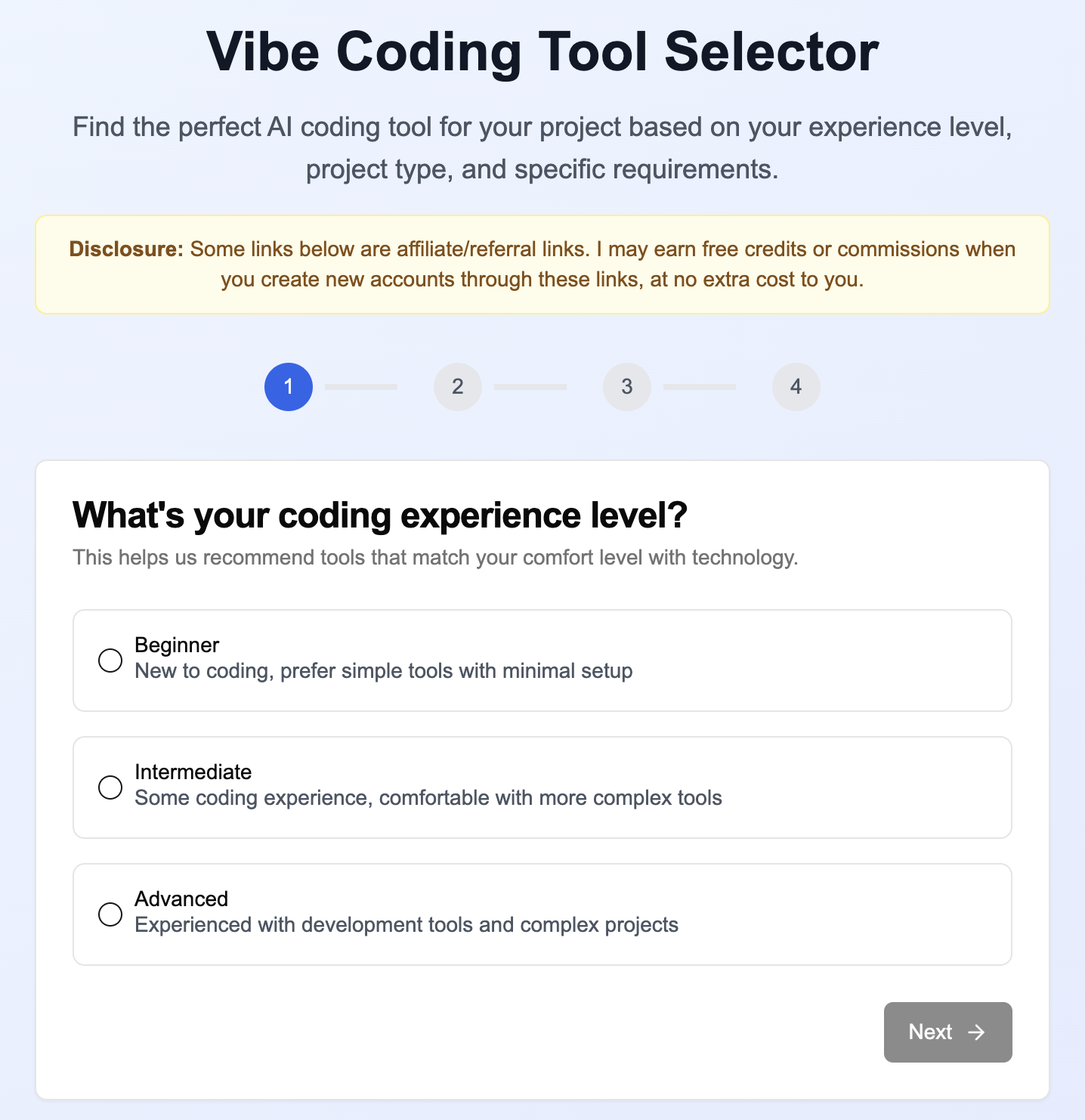 Maddy's vibe coding tool selector