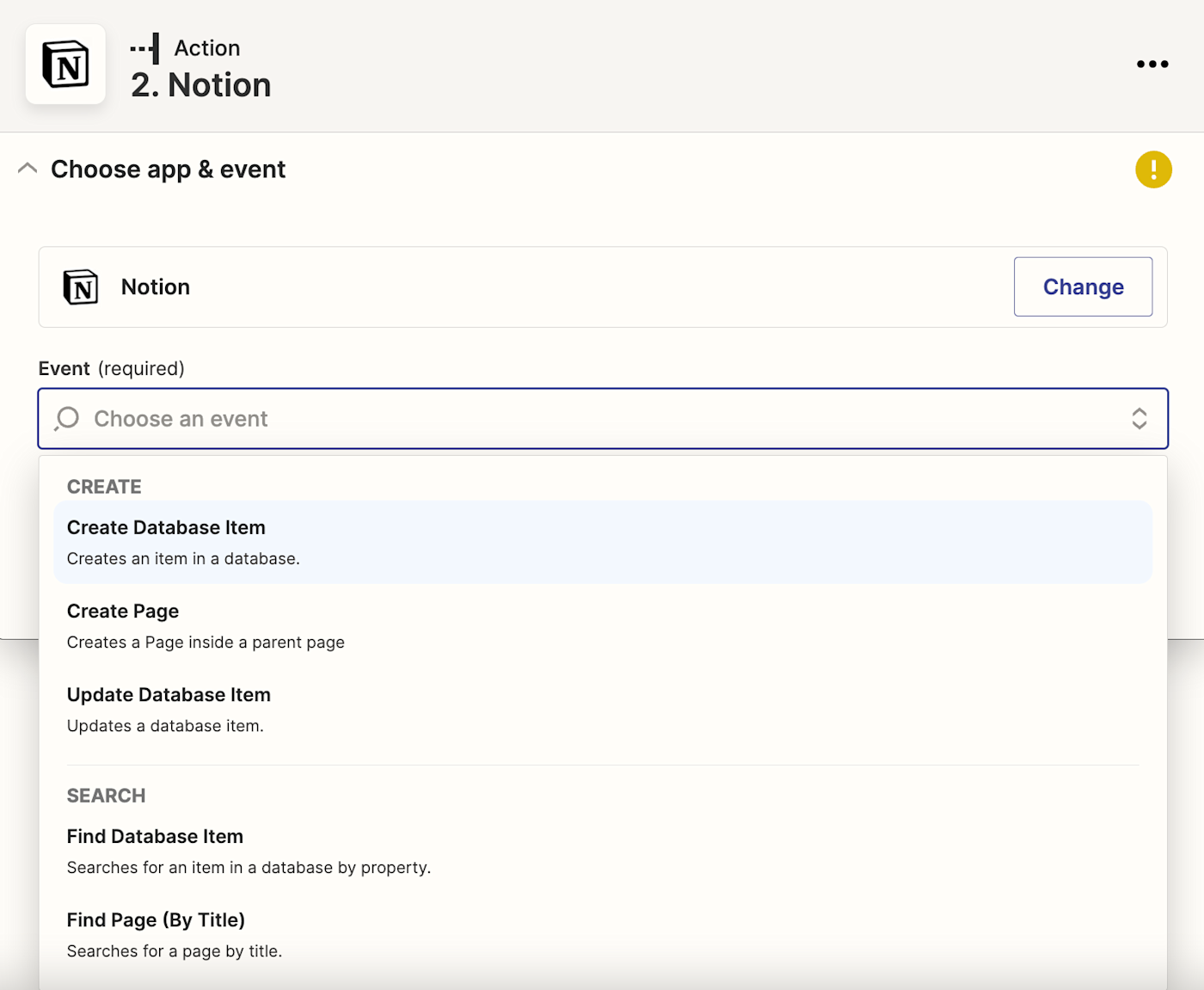 A dropdown with a list of action events for Notion, including "Create database set" and "Create page".