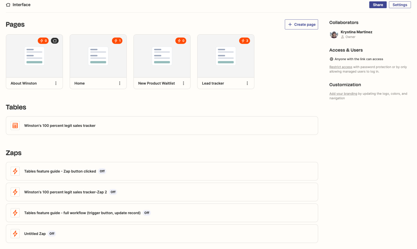 Manage an interface's pages, Tables, and Zaps from the project dashboard.