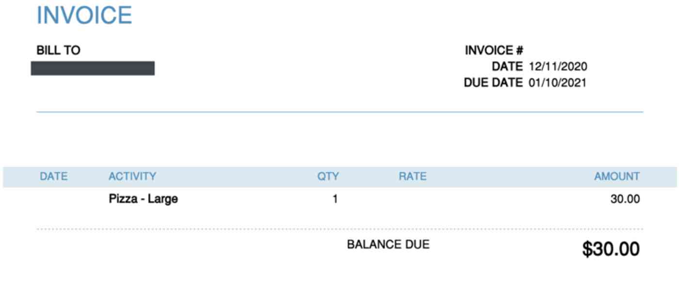 114c19fbfa79a7ba740d3c2bf7544e3d Invoice output for Pizza-Large with $30.00 balance due