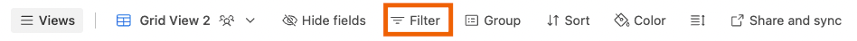 An orange box highlights the Filter menu in an Airtable Table.