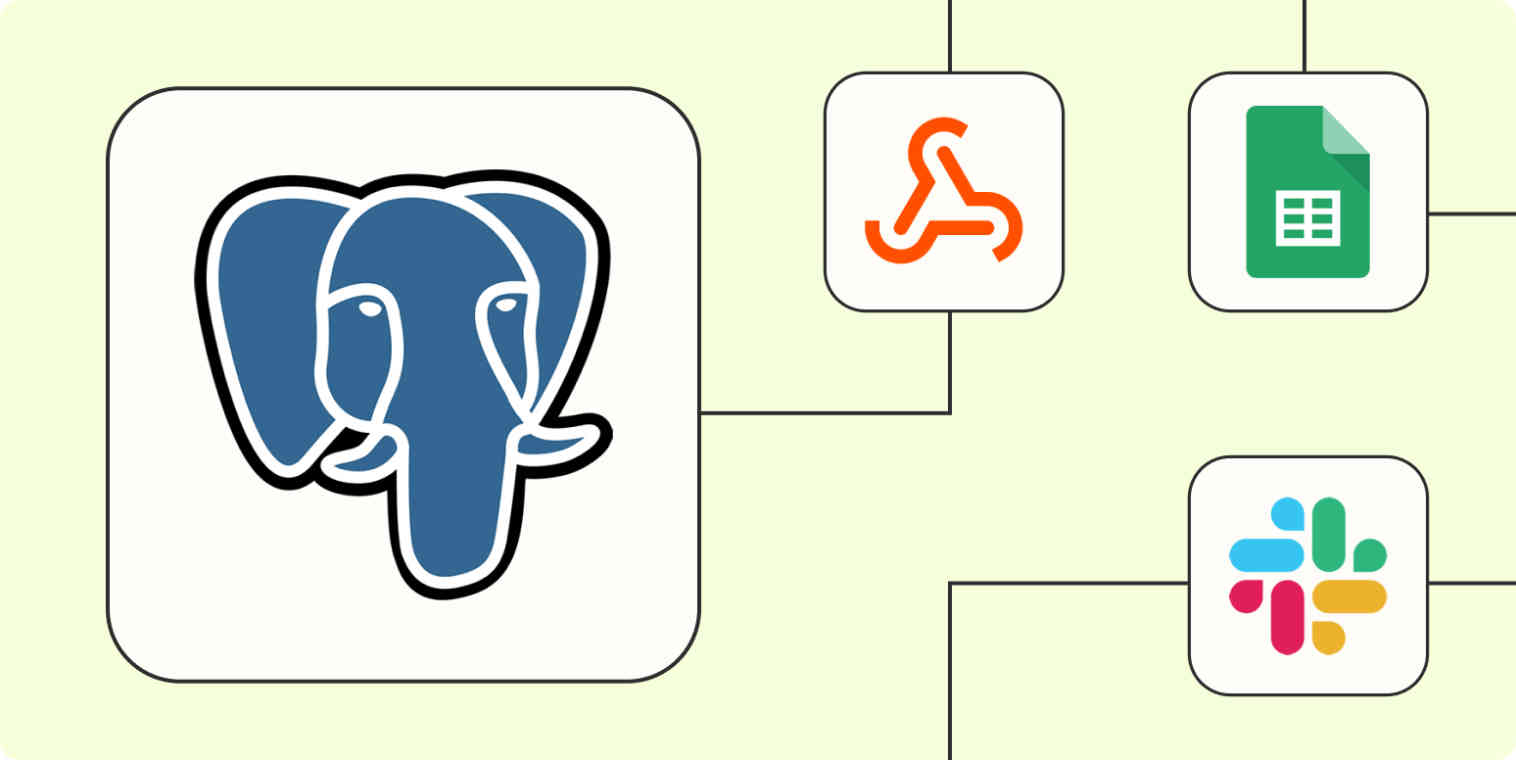 A hero image of the PostgreSQL app logo connected to other app logos on a light yellow background.