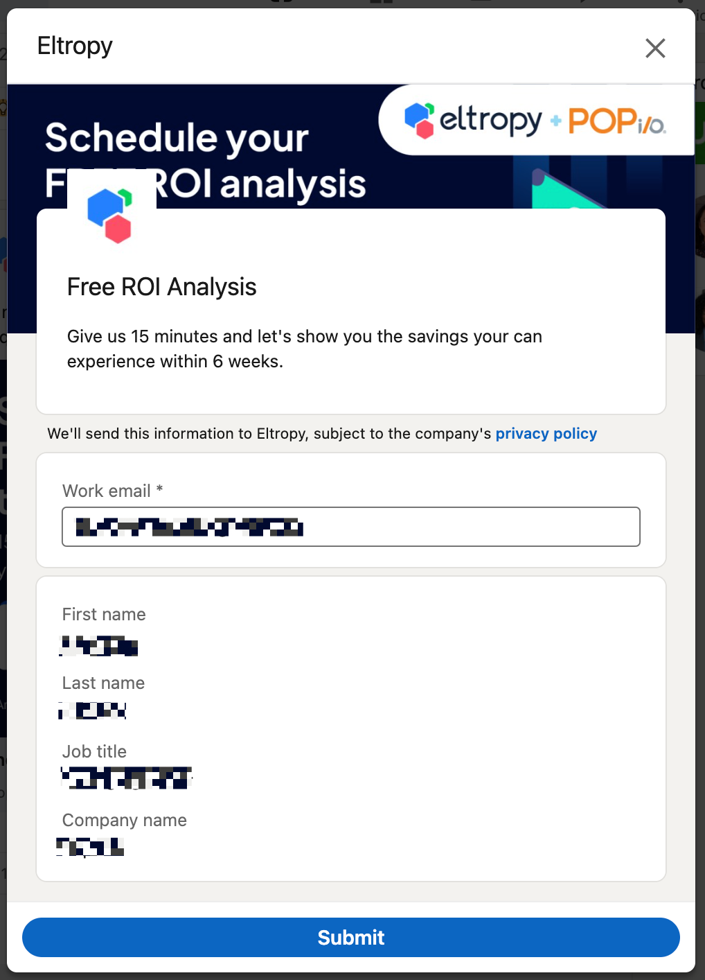 LinkedIn Lead Gen Form example from Eltropy, giving more information about the ROI analysis