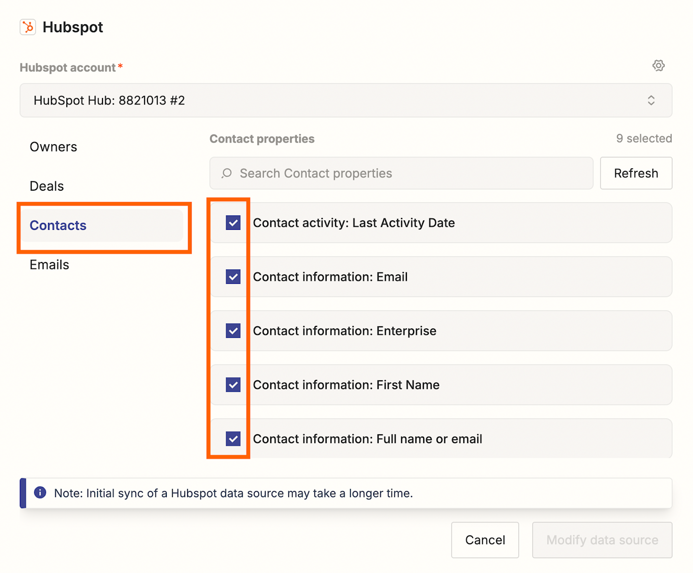 Screenshot of HubSpot properties selection in Agents
