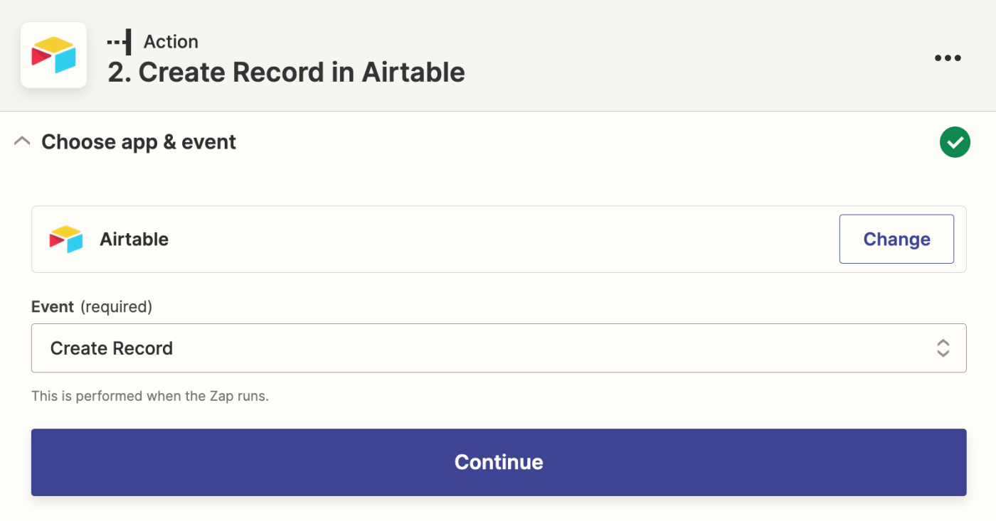 The Airtable app has been selected with Create Record selected in the event dropdown.
